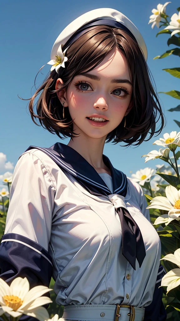 ((masterpiece)), ((Highest quality)), ((Complex)), ((Surreal)), (Realistic), (young woman), ((No classes)), Very detailed, (1 female), Beautiful and exquisite, (Beautiful Teeth), Grin, Brunette bob hair, Brown eyes, ((blouse)), (Upper Body), (background:White flower), Perfect Eyes, Lonely eyes, Look up at the sky, Sailor suit