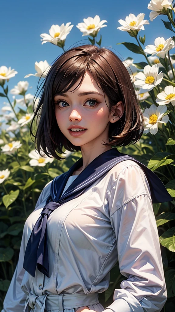 ((masterpiece)), ((Highest quality)), ((Complex)), ((Surreal)), (Realistic), (young woman), ((No classes)), Very detailed, (1 female), Beautiful and exquisite, (Beautiful Teeth), Grin, Brunette bob hair, Brown eyes, ((blouse)), (Upper Body), (background:White flower), Perfect Eyes, Lonely eyes, Look up at the sky, Sailor suit