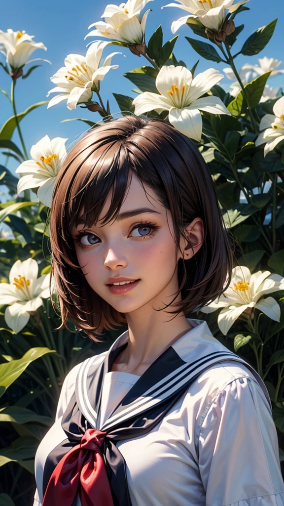 ((masterpiece)), ((Highest quality)), ((Complex)), ((Surreal)), (Realistic), (young woman), ((No classes)), Very detailed, (1 female), Beautiful and exquisite, (Beautiful Teeth), Grin, Brunette bob hair, Brown eyes, ((blouse)), (Upper Body), (background:White flower), Perfect Eyes, Lonely eyes, Look up at the sky, Sailor suit