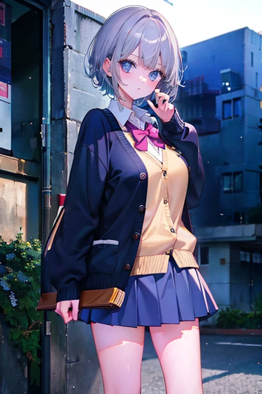 high school girl、In uniform、Wearing a cardigan、Silver Hair、short hair、Miniskirt、Cool face、Grown-up