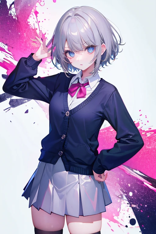 high school girl、In uniform、Wearing a cardigan、Silver Hair、short hair、Miniskirt、Cool face、Grown-up