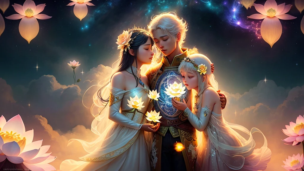 Three luminous lotus flowers formed from ether, Three lotus flowers made of energy, Energy lotuses, Ethereal lotuses, A stream of light is directed upward from the lotus flowers, streams of light go upward from the flowers, Lotuses on delicate clouds, Very fluffy and delicate clouds under the lotus flowers, below the magical heavenly city sparkles with yellow light, A magical cozy city under the clouds, A masterpiece full of fantasy elements, best quality, high resolution, super detailed, High detail in illustration style, Very detailed CG unity 8k wallpaper, Multi-colored sparks swirl around the flower, Fantasy, Intricate, elegant, Highly detailed, Digital Painting, Artstation, Concept art, Matte, Clear Focus, illustartion. Very High Definition, Masterpiece, Amazing, Trendy ArtStation, Aesthetic illustration in realistic style, magical atmosphere, beautiful and dreamy, fantasy style, dreamlike fantasy art