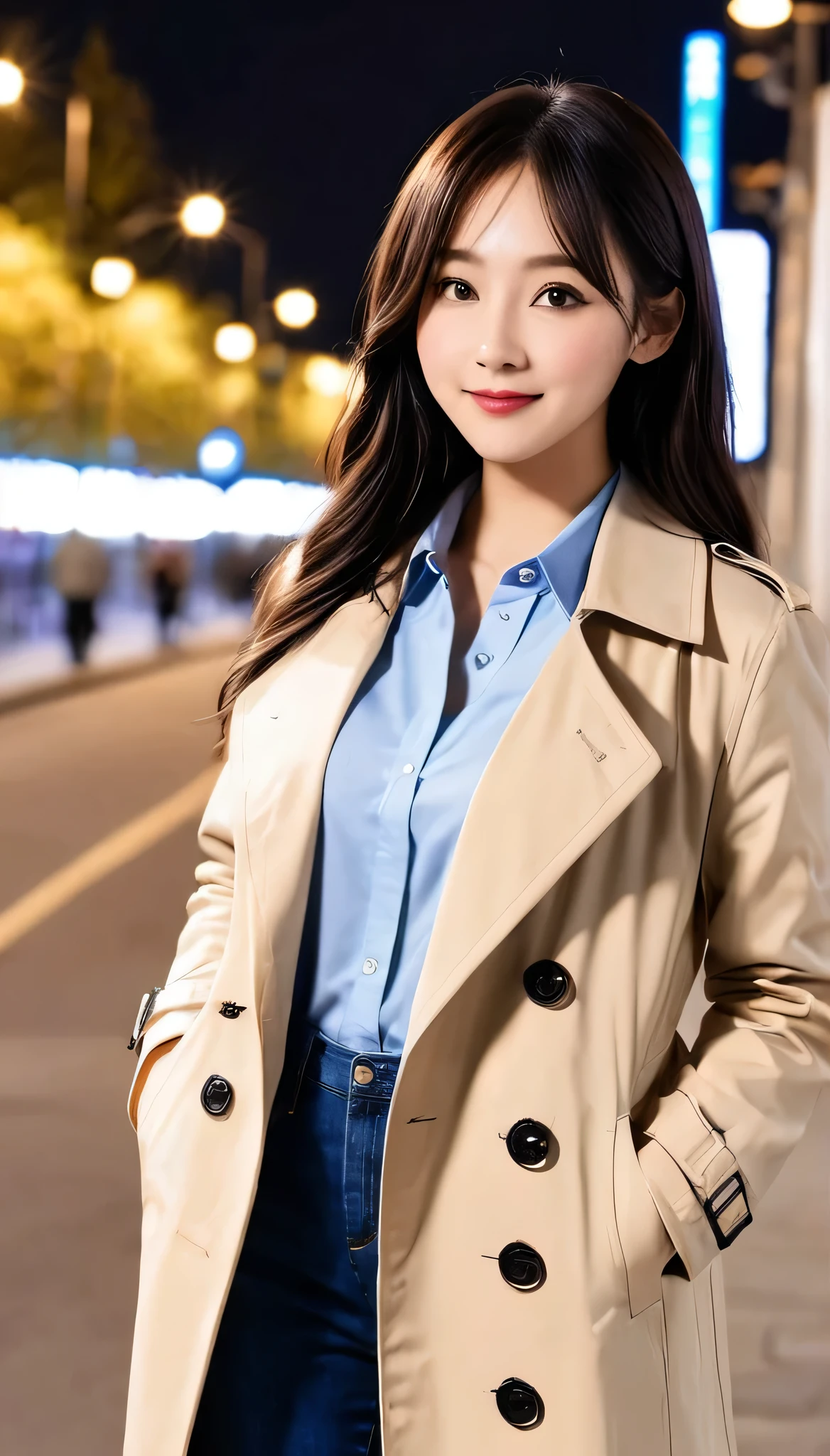 high quality,16K:1.1),(Depth of written boundary:1.3) ,Full body photo、Standing woman、smile、Black Hair、trench coat、shirt、Skinny jeans、sneakers、View your viewers:1.3),(Full Body Shot:1.2),Background is a park at night