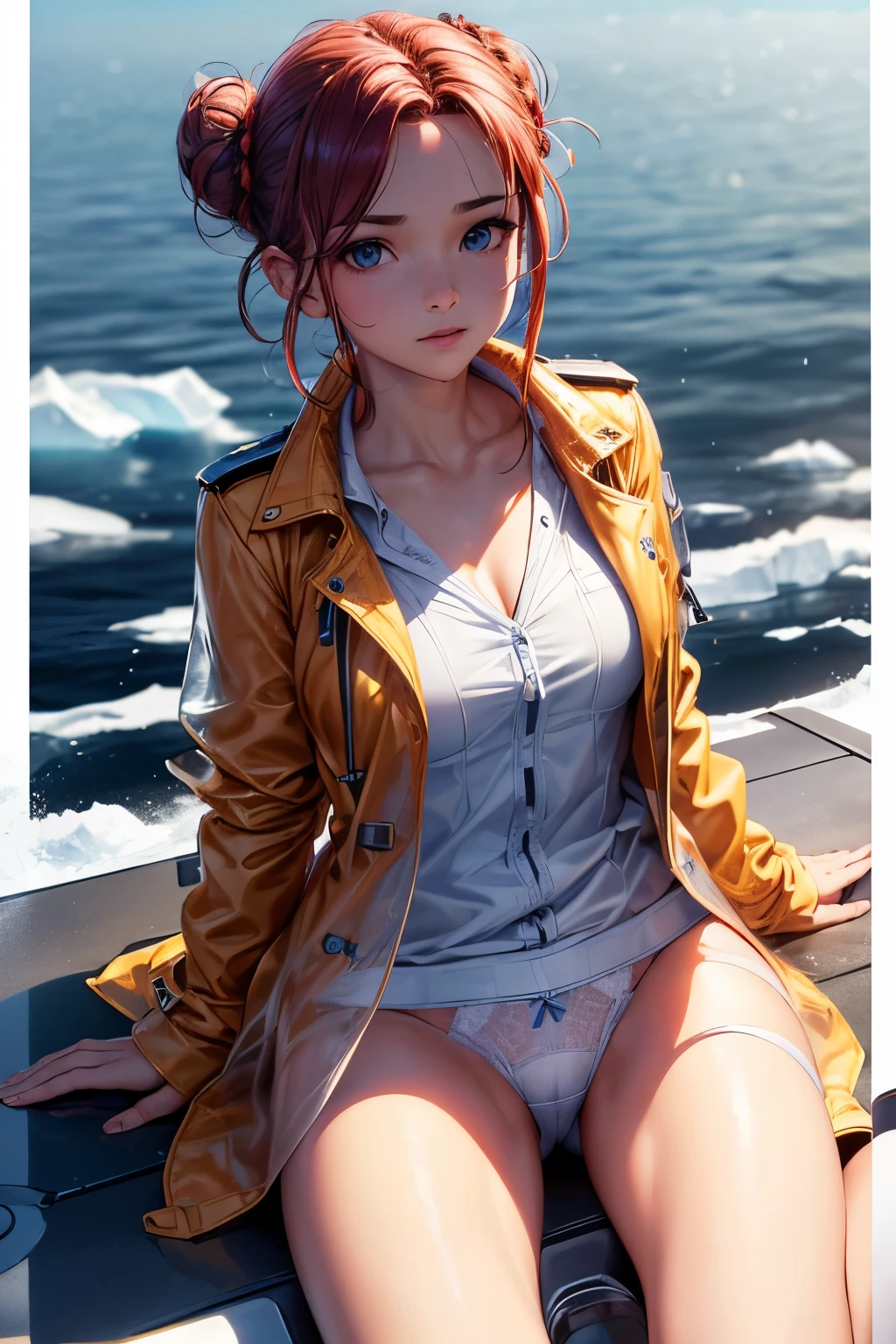 ((HD)), ((whole body)) news photography, ((pilot))((Wearing an open raincoat and underwear)), ((Lockheed Vega 5B in the Arctic)), ((enchanting)), ((Hair tied into a bun)), ((looking at camera)), detailed, detailed pretty face, sharp focus, (detailed and intricate), 4K, Leica 35mm F2.8, Fuji Superia Reala 100