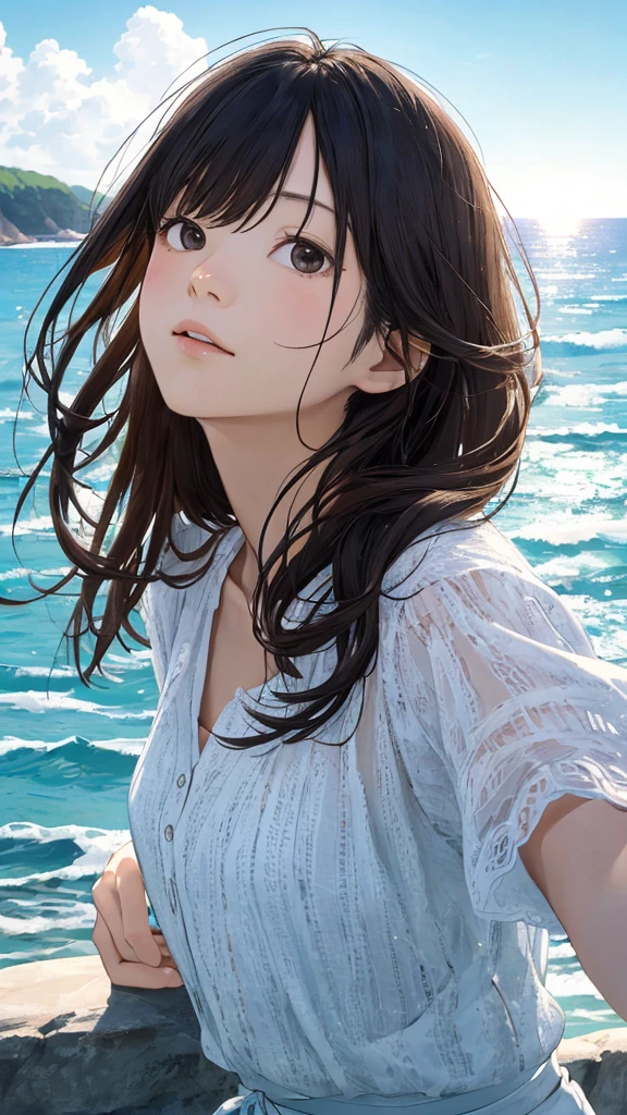 Shiraishi Mei, Looks exactly like Shiraishi Mei,Oceanの方を向いている後ろ姿、Woman looking up at the sky ,Long Hair, Dark brown hair, , 18-year-old, photograph, Realistic, Highest quality, Detailed face, Strong sunlight, Ocean, Embankment, Detailed Background, Diffused sunlight, Written boundary depth, Bokeh (Highest quality: 1.2), (masterpiece: 1.2), Watch Viewer, one piece, White Theme, ,Vision、(((Panorama:1.2)))三つ編fruit、fruit。