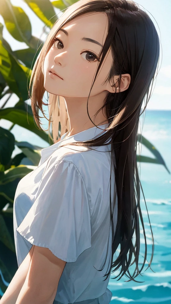 Shiraishi Mei, Looks exactly like Shiraishi Mei,Oceanの方を向いている後ろ姿、Woman looking up at the sky ,Long Hair, Dark brown hair, , 18-year-old, photograph, Realistic, Highest quality, Detailed face, Strong sunlight, Ocean, Embankment, Detailed Background, Diffused sunlight, Written boundary depth, Bokeh (Highest quality: 1.2), (masterpiece: 1.2), Watch Viewer, one piece, White Theme, ,Vision、(((Panorama:1.2)))三つ編fruit、fruit。