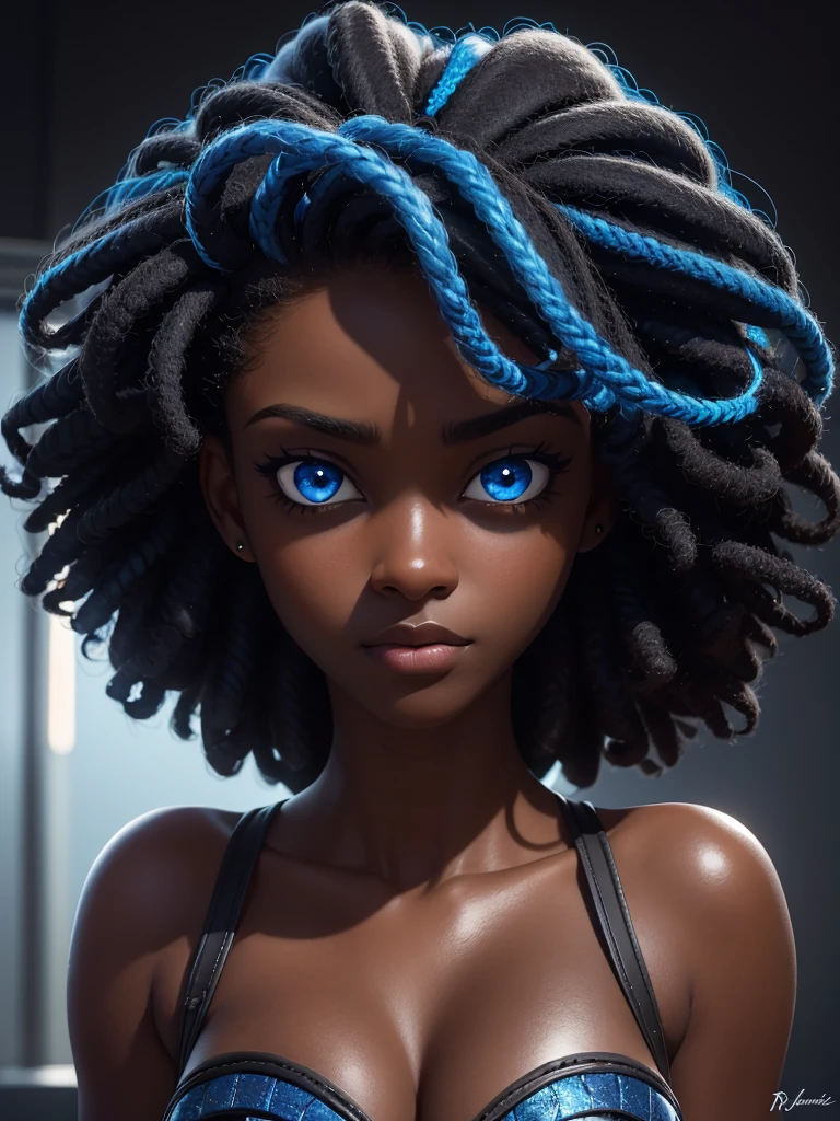 work of art, best qualityer, 1 girl, afro hair, dark hair, shiny hair, ((blue colored eyes)), extremely detailedeyes, glare eyes, ((darkskin)), shining skin, texture skin, extremely detaild skin, photo realist, extremely detaild, high qualiy , fine details on face and skin, detailedeyes