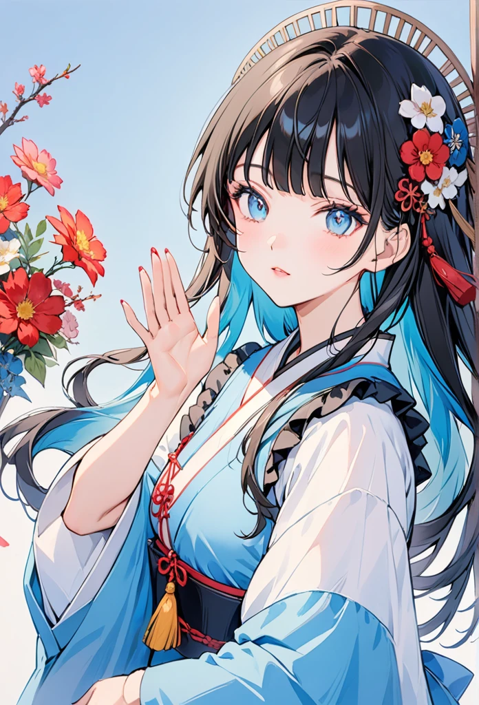 masterpiece, Highest quality,One girl, alone, 青いnail, View your viewers, bangs, blue eyes, Long Hair, Manicure, Black Hair, hair ornaments, Raise your hand, flower, blunt bangs, Mouth closed, Tassel, ribbon, Portraiture, colorful,Blue background, Frills, Multicolored Hair, Upper Body, nail