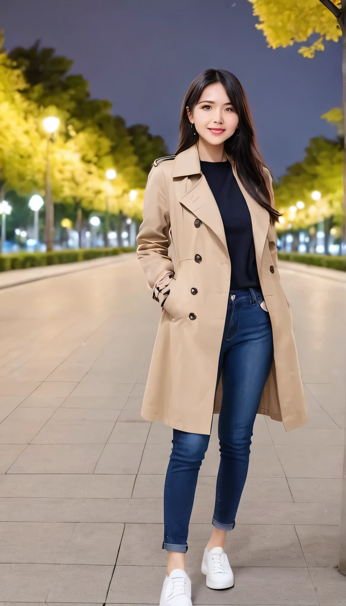 high quality,16K:1.1),(Depth of written boundary:1.3) ,Full body photo、Standing woman、smile、Black Hair、trench coat、shirt、Skinny jeans、sneakers、View your viewers:1.3),(Full Body Shot:1.2),Background is a park at night
