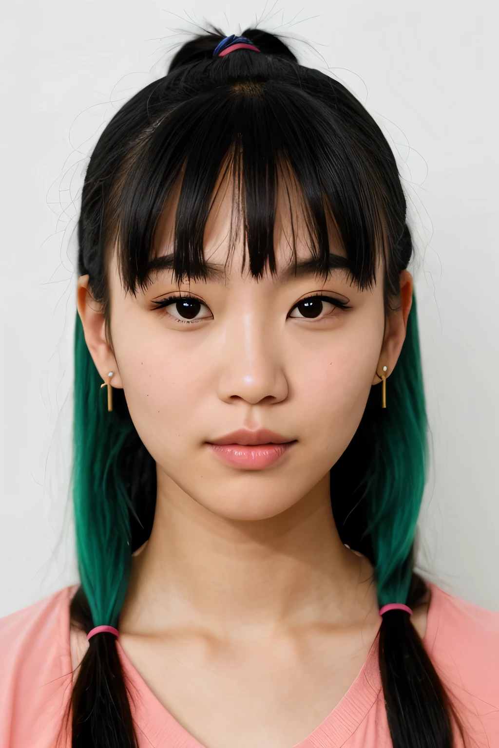 The character is a young woman with distinctive Asian features. Her hair is styled with bangs and two pigtails, one on the right and one on the left. The color of her hair is a vibrant light green, adding a unique touch to her appearance. Her face is oval-shaped, with a slightly squared jawline, giving her a determined look.

For the photo, only the face should be visible, and it should be centered perfectly in the frame, with no offset. The face should be captured in a close-up, straight-on view, with no part of the face cut off or misaligned.