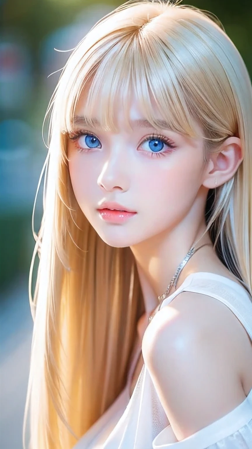 Unparalleled beauty, Extremely white, firm and lustrous skin, Bangs between the eyes, Bangs over both eyes、Beautiful shiny, straight, natural platinum blonde, Super long, straight, silky, beautiful blonde hair, eyeliner, A truly beautiful girl、Sexy beautiful innocent 14 years old, Beautiful, large, light blue eyes that sparkle like jewels., Beautiful and lovely girl, Baby Face, Short sleeve shirt、Large bust、Small Face Beauty、Round face、Cheek highlighter