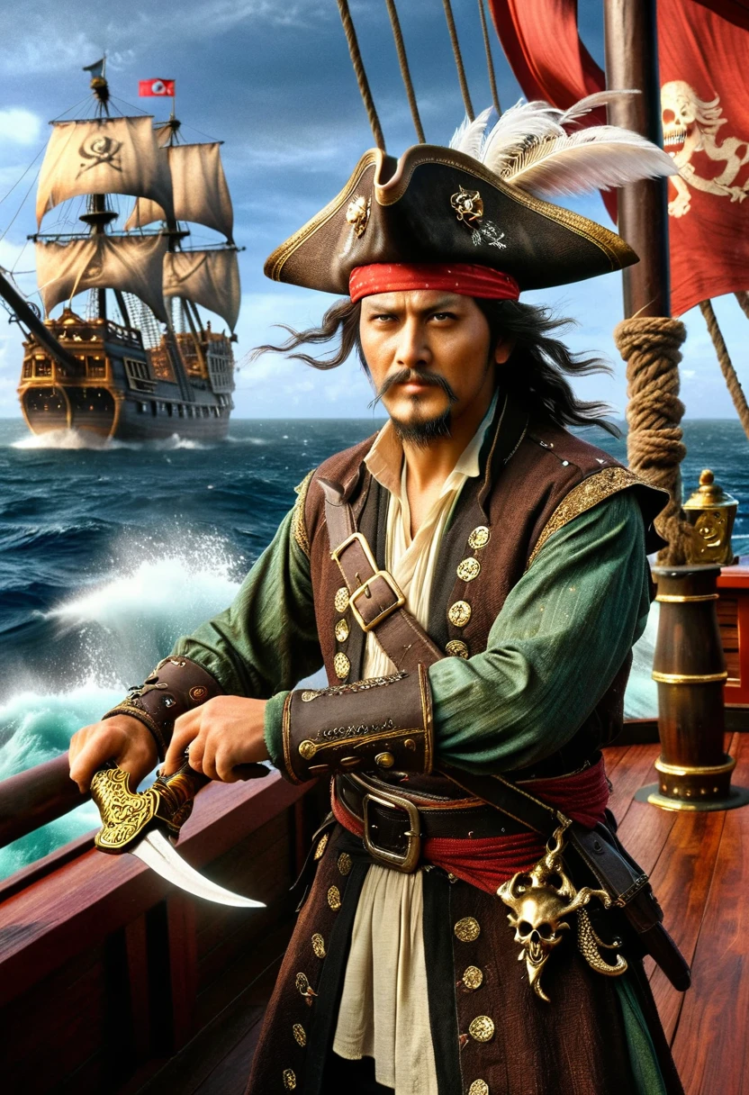 A swashbuckling pirate, an unyielding man of South Asian descent with a salt-frosted beard and a hat adorned with towering feathers, fiercely fights the mythic creature known as the Kraken. This epic scene unfolds on the weathered deck of a grand galleon ship in the tempestuous open seas. The pirate wields his gleaming cutlass with courage and tenacity, bright against the dark tendrils of the gargantuan sea beast. Flags with skull emblems whip in the punishing wind and salt spray fills the air, adding to the intense drama of this maritime confrontation，((Dopamineism))，(((Dopamine color matching)))，Dopamine，(in the style of Y2K)，Luo Erchun，Three-dimensional ancient style，Oriental poetry and painting