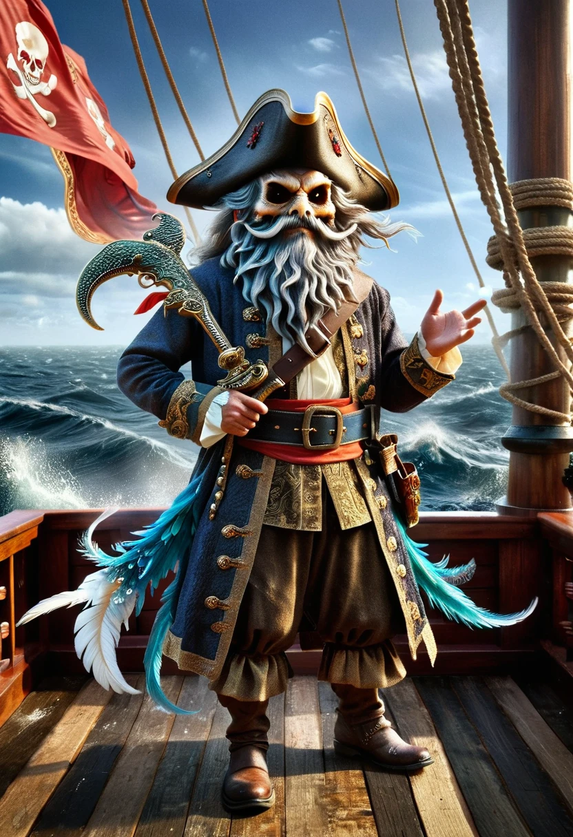 A swashbuckling pirate, an unyielding man of South Asian descent with a salt-frosted beard and a hat adorned with towering feathers, fiercely fights the mythic creature known as the Kraken. This epic scene unfolds on the weathered deck of a grand galleon ship in the tempestuous open seas. The pirate wields his gleaming cutlass with courage and tenacity, bright against the dark tendrils of the gargantuan sea beast. Flags with skull emblems whip in the punishing wind and salt spray fills the air, adding to the intense drama of this maritime confrontation，((Dopamineism))，(((Dopamine color matching)))，Dopamine，(in the style of Y2K)，Luo Erchun，Three-dimensional ancient style，Oriental poetry and painting