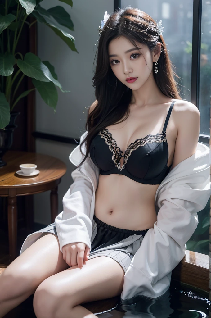 long sleeves, off shoulder
bra
navel
layered skirt
butterfly hair ornament, Deep into Wonderland，Moonlight falls like water，Foggy Room，Actress&#39;The figure looms，Like a fairy in a painting，Slender sexy legs，Very beautiful legs，Large Breasts，Visible cleavage，美丽而又带着一丝mystery的色彩。Her face is beautiful and delicate，Show extraordinary beauty。Twinkling Stars，Show the light of perseverance and wisdom。The bridge of the nose is straight，Cherry lip color，The slightly upturned corners of the mouth reveal confidence and calmness。Clear facial contours，Skin like jade，Reveal healthy glow，Just like fairies, Her makeup is light and delicate，No excessive embellishment，Show her temperament and charm。Light foundation highlights the translucence of the skin，A light eyebrow pencil outlines her perfect eyebrow shape，Eye makeup is eye shadow and eyeliner，make her eyes brighter、Full of energy。嘴唇涂上grace的口红，Add a touch of glamour and sophistication。Clothes fluttering。Hair tied haphazardly behind the head，Secure with a jade hairpin，A few strands of hair fluttering gently in the wind，Add a touch of softness。Beautiful scenery，Attracted everyone&#39;s concern。Large Breasts美丽、grace、mystery、Full of power。