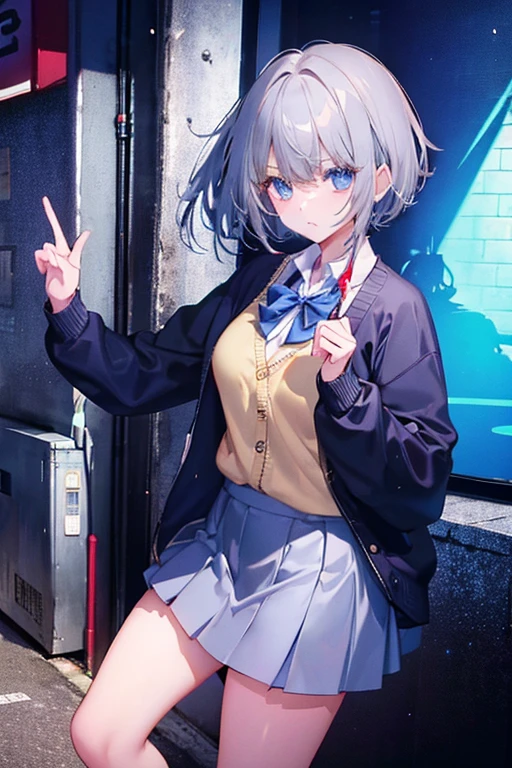 high school girl、In uniform、Wearing a cardigan、Silver Hair、short hair、Miniskirt、Cool face、Grown-up