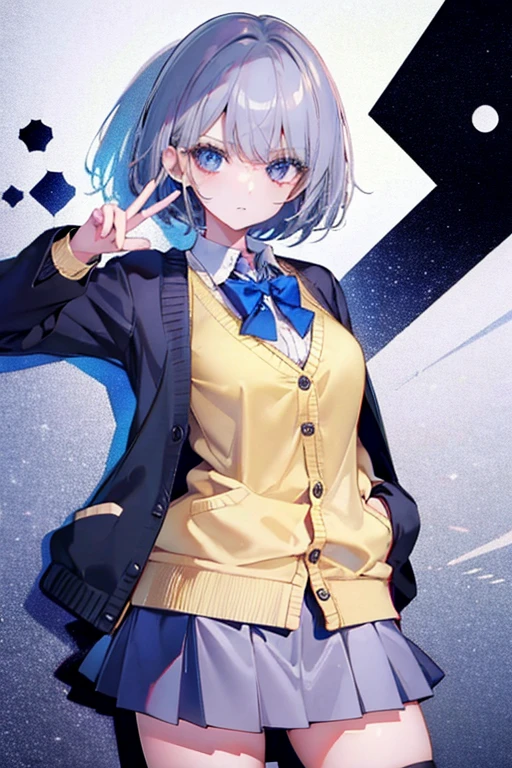high school girl、In uniform、Wearing a cardigan、Silver Hair、short hair、Miniskirt、Cool face、Grown-up