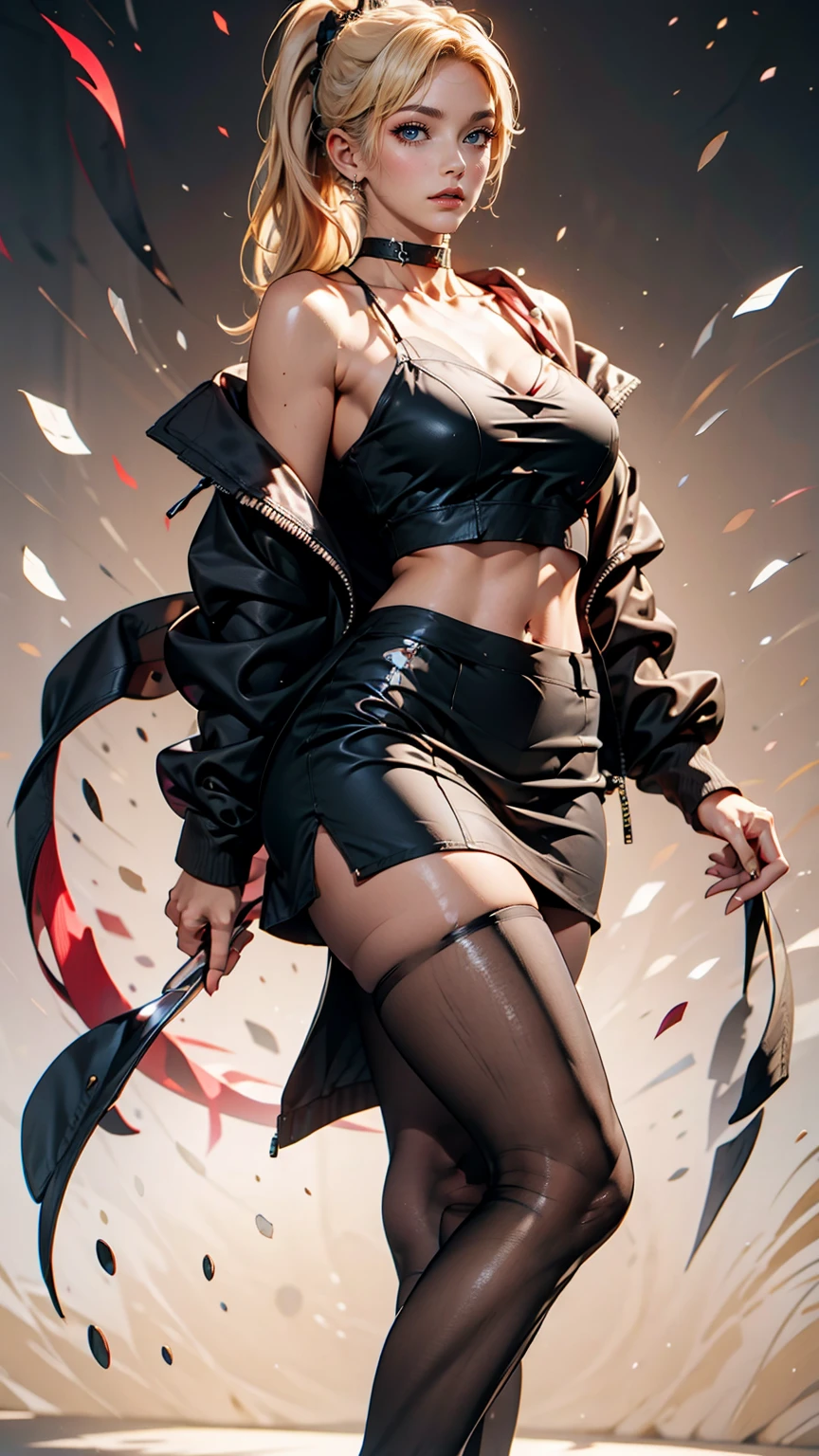 Cowboy Shot, (Black wings:1.2), Very long hair, Side Ponytail, choker, Holding, Off the shoulder, (White micro mini dress:1.3), White midriff jacket,Hello,24-year-old female、Saggy breasts、Sexy proportions、mature female body、Alluring、erotic、Micro Mini Flared Skirt、Stiletto heels、Pink Background