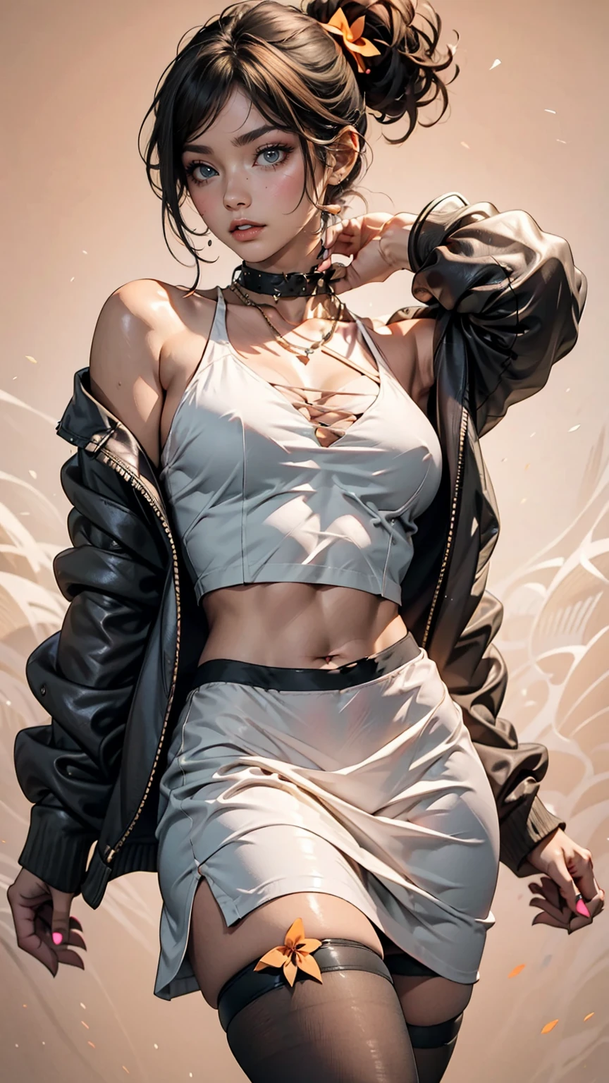 Cowboy Shot, (Black wings:1.2), Very long hair, Side Ponytail, choker, Holding, Off the shoulder, (White micro mini dress:1.3), White midriff jacket,Hello,24-year-old female、Saggy breasts、Sexy proportions、mature female body、Alluring、erotic、Micro Mini Flared Skirt、Stiletto heels、Pink Background