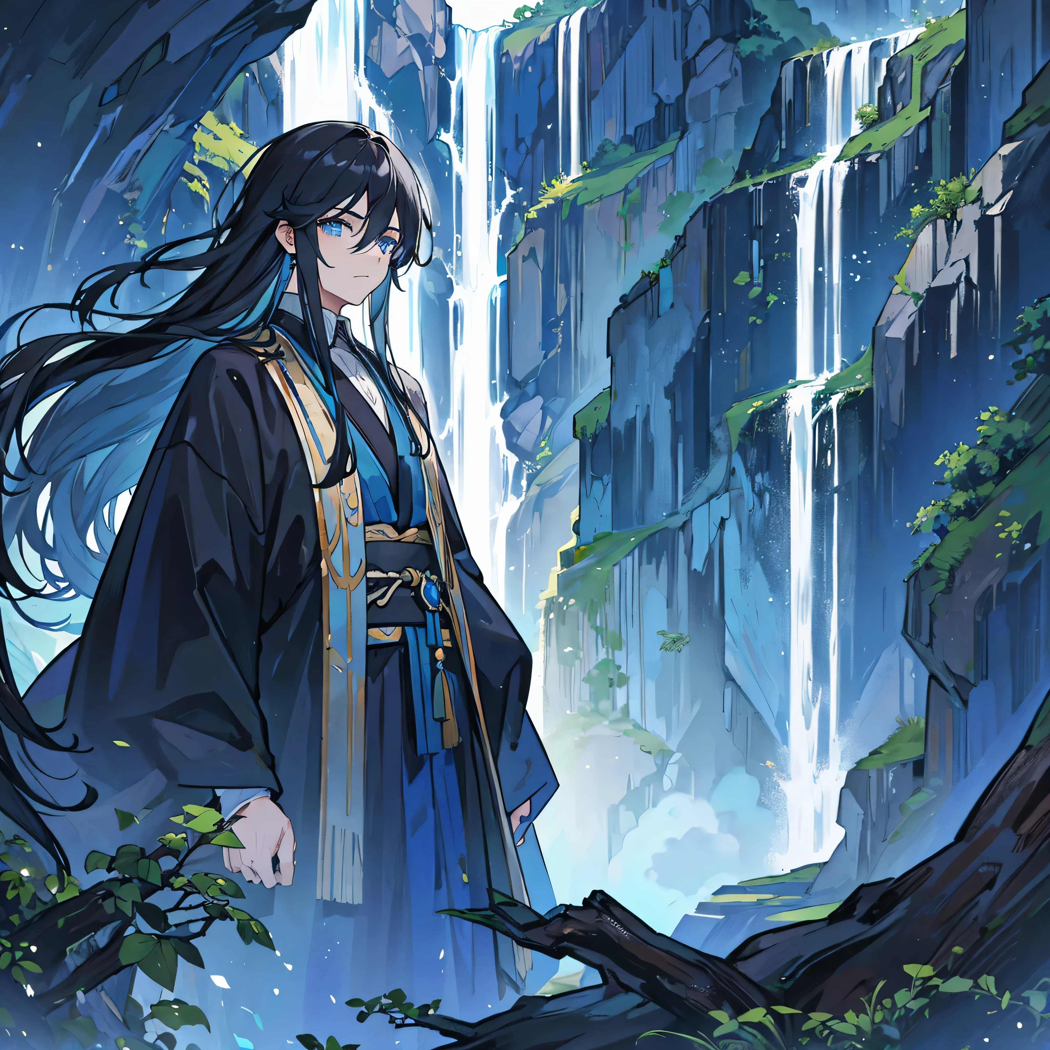 1mature man, black long hair, azure eyes, black and blue sage robe, waterfall background