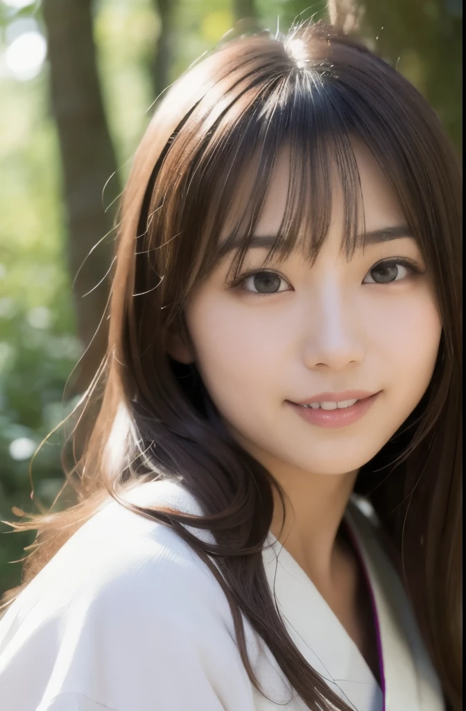 best quality, face focus, soft light, ultra high res, (photorealistic:1.4), RAW photo,(Shinozaki Ai), white skin, kawaii,
1 Japanese girl, solo, cute, (smile), (pupil, lights in the eyes),  detailed beautiful face, Medium-sized breasts,(high resolution detail of human skin texture),(long hair),(portrait), upper body, white traditional kimono, in the forest,
