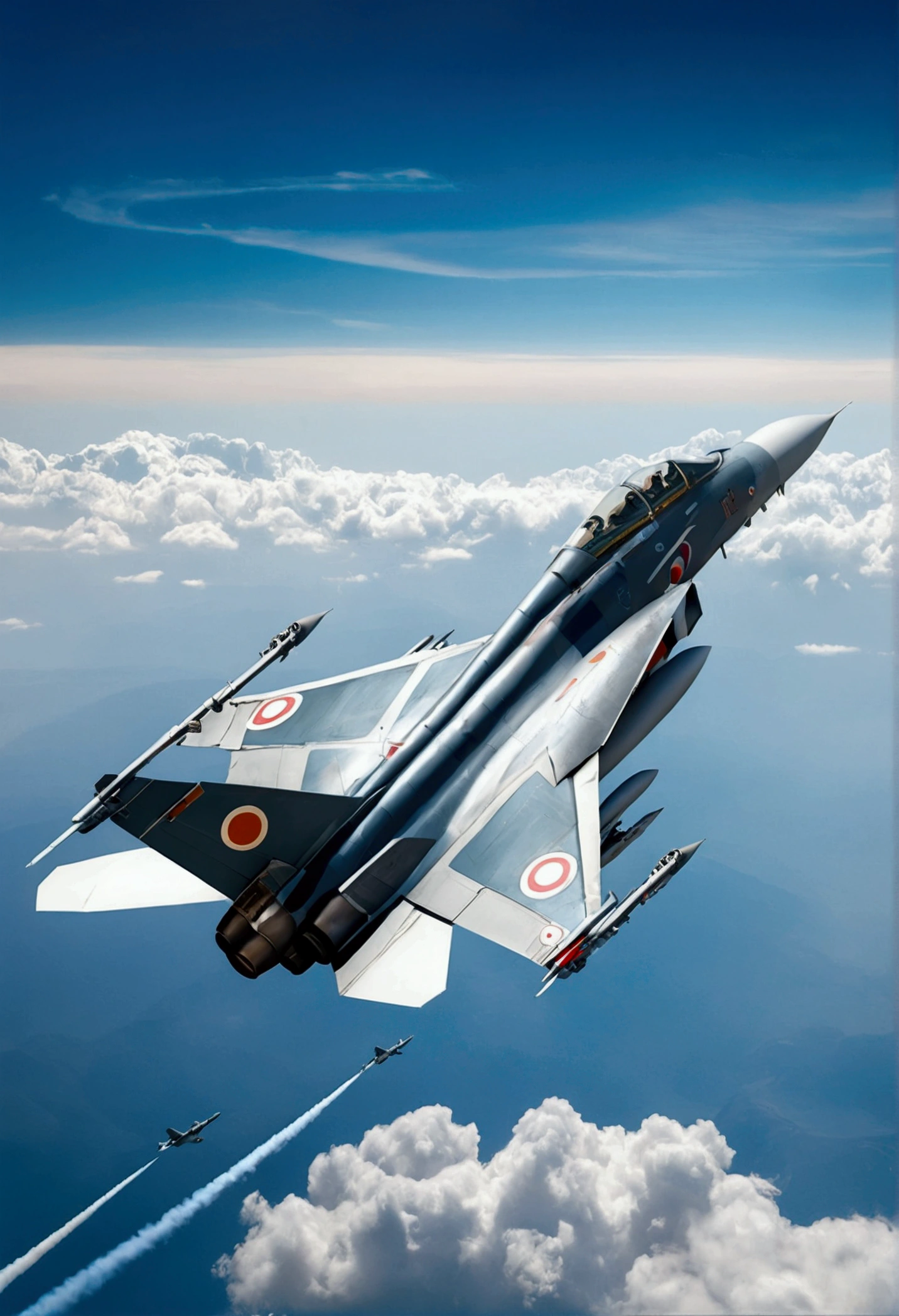 Create an image of an Indian fighter jet in action, showcasing its sleek design and power. The backdrop should include a dramatic sky to emphasize its strength and agility, with elements reflecting the legacy and pride of the Indian Air Force. Incorporate subtle details like the Indian Air Force insignia and national colors to enhance the sense of heritage and excellence."