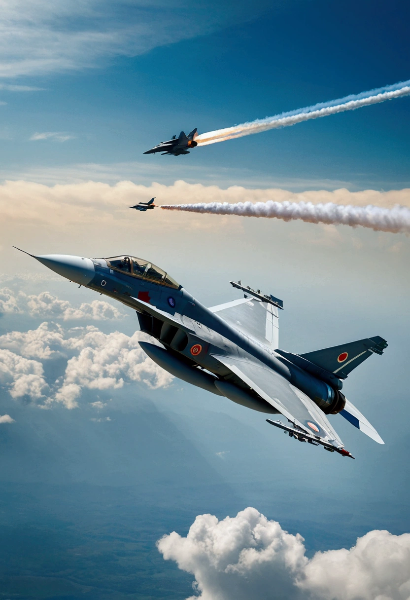 Create an image of an Indian fighter jet in action, showcasing its sleek design and power. The backdrop should include a dramatic sky to emphasize its strength and agility, with elements reflecting the legacy and pride of the Indian Air Force. Incorporate subtle details like the Indian Air Force insignia and national colors to enhance the sense of heritage and excellence."