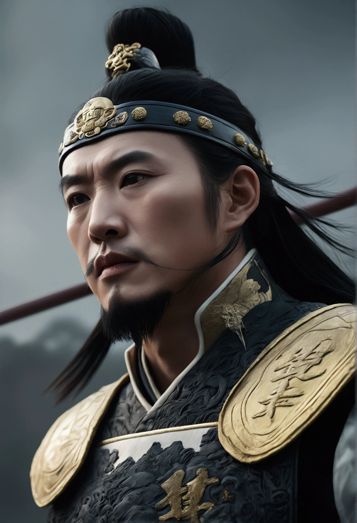 Bust of an ancient Chinese general on the battlefield,The armor is broken, Starry sky and fog cover the landscape.Rich historical background. (Highest quality,4K,8k,High resolution,masterpiece:1.2), Very detailed, (Realistic,Realistic,Photorealistic:1.37), High resolution, Hyper HD, Studio Lighting, Ultra-fine painting, Sharp focus, Physically Based Rendering, Very detailed説明, Professional, Vibrant colors, Bokeh, Sports Late, Ancient War Landscapes, Traditional Chinese Painting Techniques, Atmospheric lighting, Dynamic Pose, Complex combat scenarios, Vivid color contrast, Visually stunning composition, Ethereal atmosphere, heroism. Black and White
