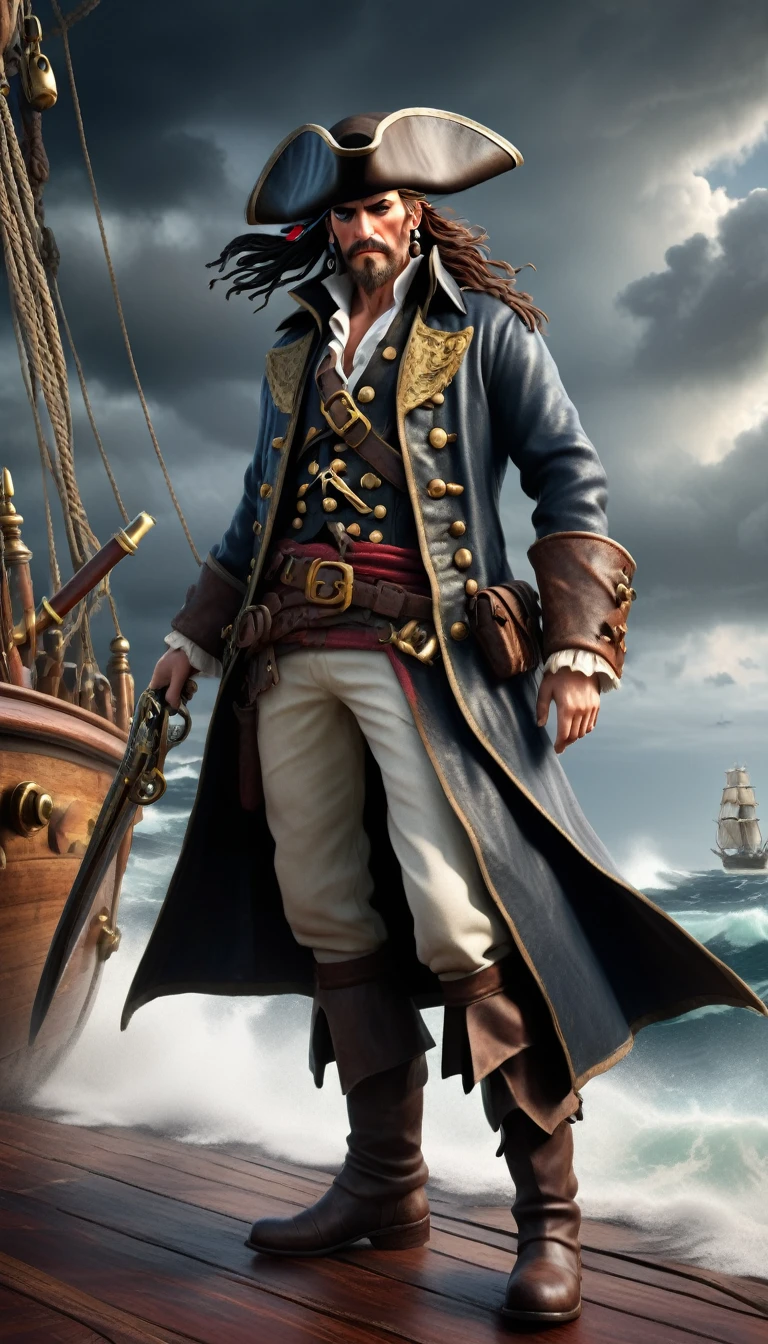 (cartoon:1.5),(masterpiece, best quality, highly detailed, 8k resolution),(pirate captain, rugged and imposing),(traditional pirate attire, tattered and weathered),(tricorn hat with feather, iconic and stylish),(eye patch and scars, hinting at battles),(long flowing coat, ornate and decorated),(cutlass and pistol, menacing weapons),(leather boots, worn and rugged),(golden earrings and necklaces, hinting at treasure),(nautical background, stormy sea),(old wooden ship deck, rough and textured),(dark clouds, stormy sky),(sea spray, crashing waves),(cinematic lighting, dramatic shadows),(adventure and peril, high seas lore),(masterpiece:1.2),best quality,highres,extremely detailed CG,perfect lighting,8k wallpaper,AAAfantasy,