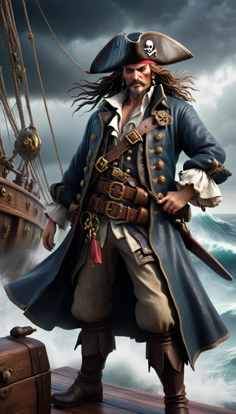 (cartoon:1.5),(masterpiece, best quality, highly detailed, 8k resolution),(pirate captain, rugged and imposing),(traditional pirate attire, tattered and weathered),(tricorn hat with feather, iconic and stylish),(eye patch and scars, hinting at battles),(long flowing coat, ornate and decorated),(cutlass and pistol, menacing weapons),(leather boots, worn and rugged),(golden earrings and necklaces, hinting at treasure),(nautical background, stormy sea),(old wooden ship deck, rough and textured),(dark clouds, stormy sky),(sea spray, crashing waves),(cinematic lighting, dramatic shadows),(adventure and peril, high seas lore),(masterpiece:1.2),best quality,highres,extremely detailed CG,perfect lighting,8k wallpaper,AAAfantasy,