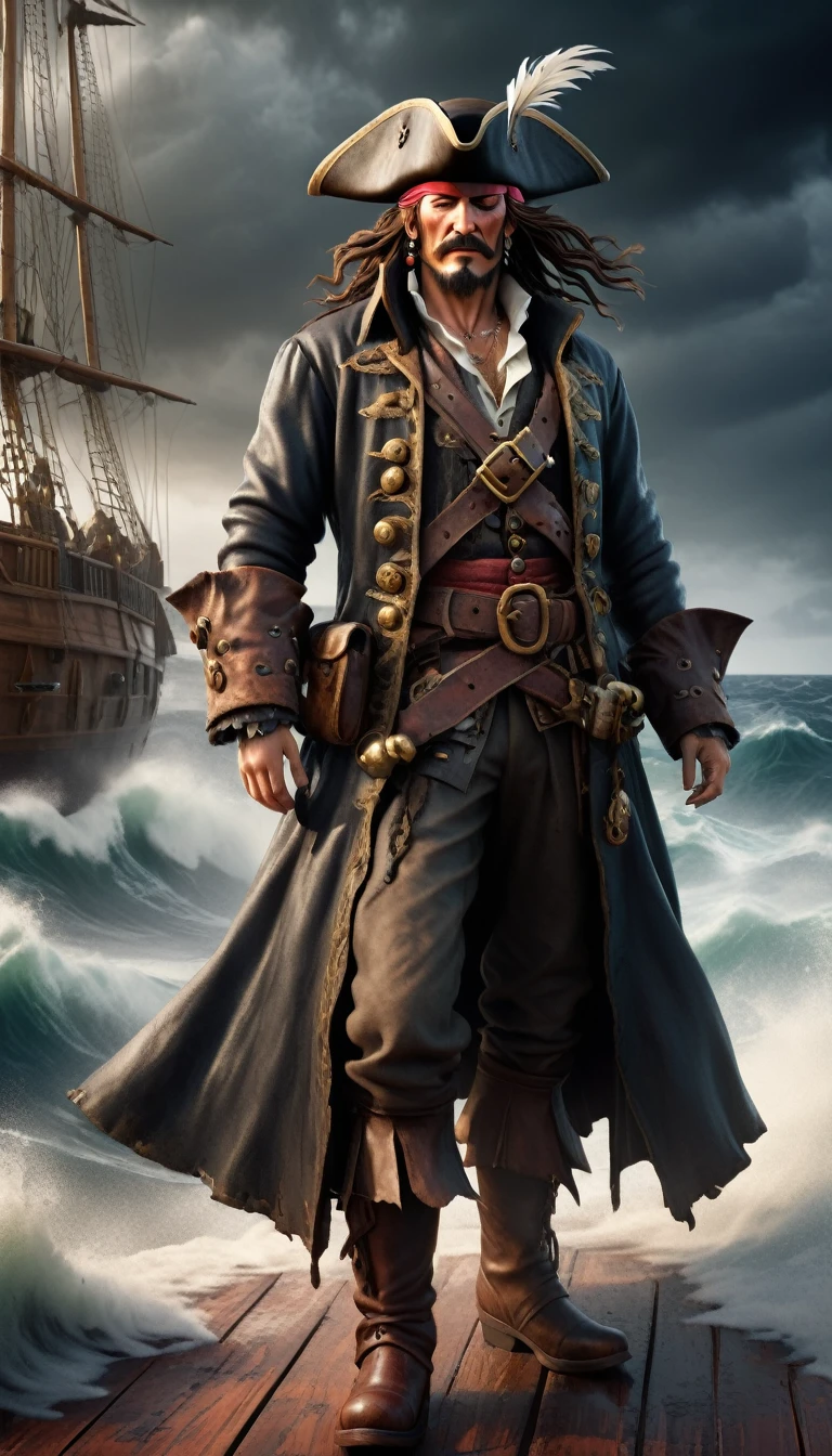 (cartoon:1.5),(masterpiece, best quality, highly detailed, 8k resolution),(pirate captain, rugged and imposing),(traditional pirate attire, tattered and weathered),(tricorn hat with feather, iconic and stylish),(eye patch and scars, hinting at battles),(long flowing coat, ornate and decorated),(cutlass and pistol, menacing weapons),(leather boots, worn and rugged),(golden earrings and necklaces, hinting at treasure),(nautical background, stormy sea),(old wooden ship deck, rough and textured),(dark clouds, stormy sky),(sea spray, crashing waves),(cinematic lighting, dramatic shadows),(adventure and peril, high seas lore),(masterpiece:1.2),best quality,highres,extremely detailed CG,perfect lighting,8k wallpaper,AAAfantasy,