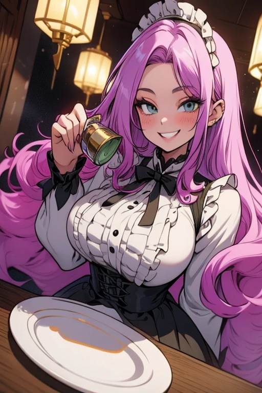 Perfect face. Perfect hands. A light purple haired woman with green eyes with an hourglass figure in a Lolita maid uniform is making tea in the fancy kitchen with a big smile