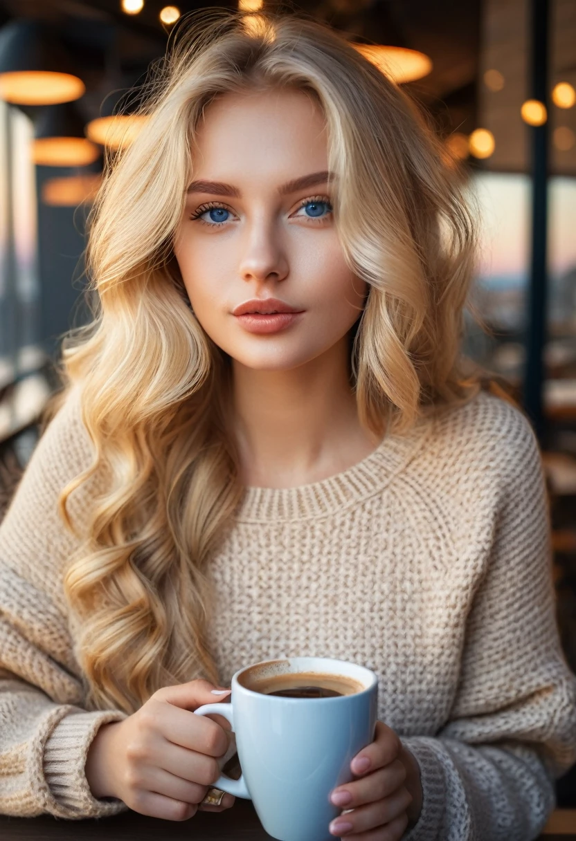 Beautiful blonde in beige sweater (drinking coffee in modern cafe at sunset), very detailed, 21 ans, visage innocent, natural wavy hair, blue eye, high resolution, head of'artwork, best quality, intricate details, very detailed, sharpness, detailed skin, realistic skin texture, texture, detailed eyes, professionnel, 4K, charming smile, shot with Canon, 85mm, shallow depth of field, kodak vision color, corps en parfaite forme, extremely detailed, photo_\(ultra\), photorealistic, realistic, Post-traitement, maximum detail, roughness, real life, ultra realistic, photorealism, photography, 8k hd, photography