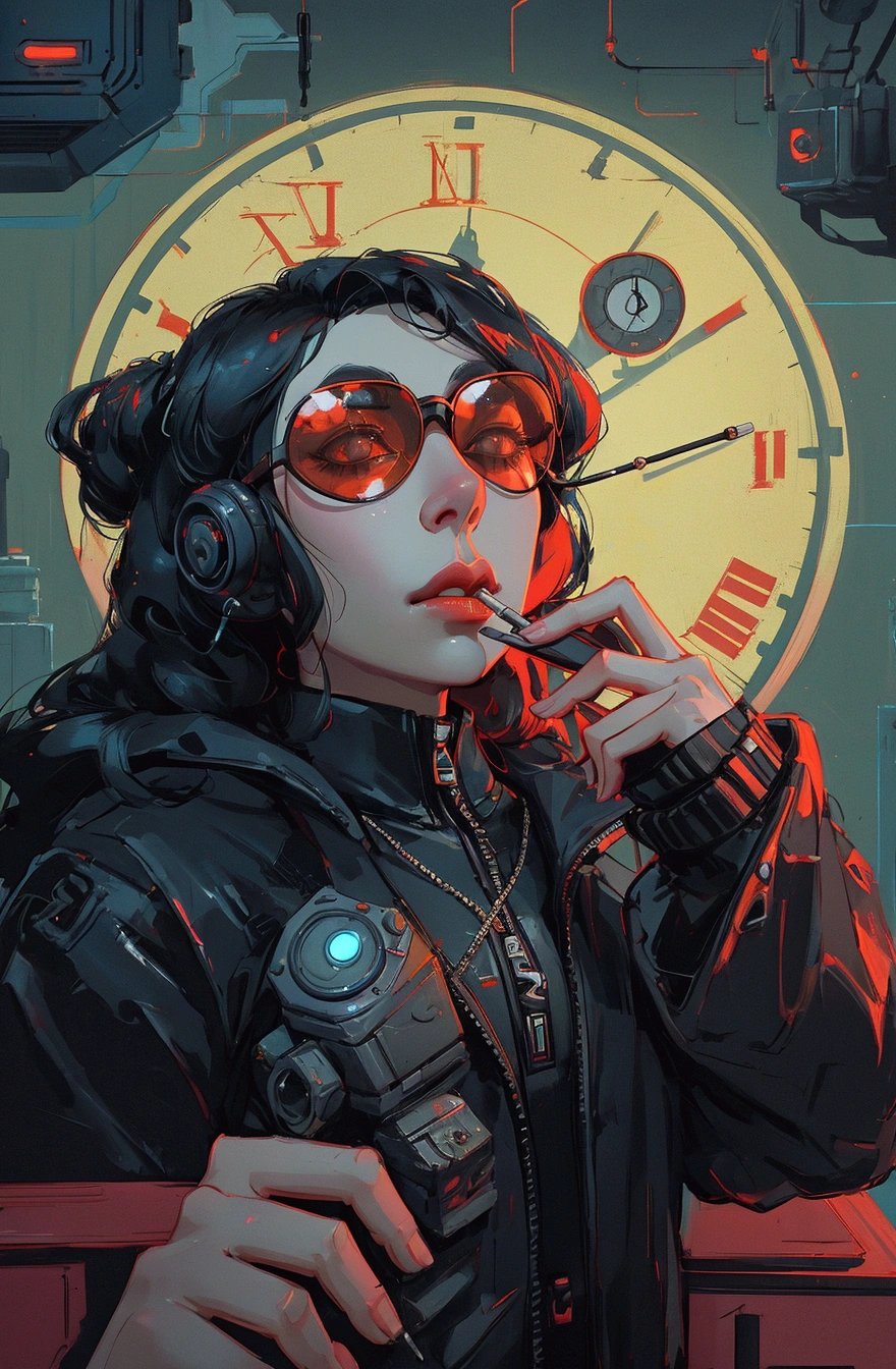 arafed beautiful girl with sunglasses smoking a cigarette in front of a clock, inspired by Alex Petruk APe, by Alex Petruk APe, bored ape nft, in style of beeple, cyberpunk art style, in style of kar wai wong, beeple!!, beeple masterpiece, beeple |, in style of digital illustration