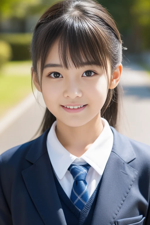 ((Cute 15 year old Japanese))、on the road、Highly detailed face、Pay attention to the details、double eyelid、Beautiful thin nose、Sharp focus:1.2、Beautiful woman:1.4、Cute Hairstyles、Pure white skin、Highest quality、masterpiece、Ultra-high resolution、(Realistic:1.4)、Highly detailed and professional lighting、nice smile、Japanese school girl uniform