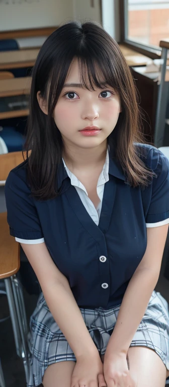 (8k, RAW Photos,Highest quality, High resolution:1.1), (Ultra-realistic:1.4),(Realistic, Realistic:1.3),The Beauty of Japan、age25, big breast, thin weast:1.3, thin legs, school uniform, short sleeve shirt, white Hisocks, brown loafers, classroom, (all body), S字ポーズ, コントラポスト, gazing into the distance:1.9