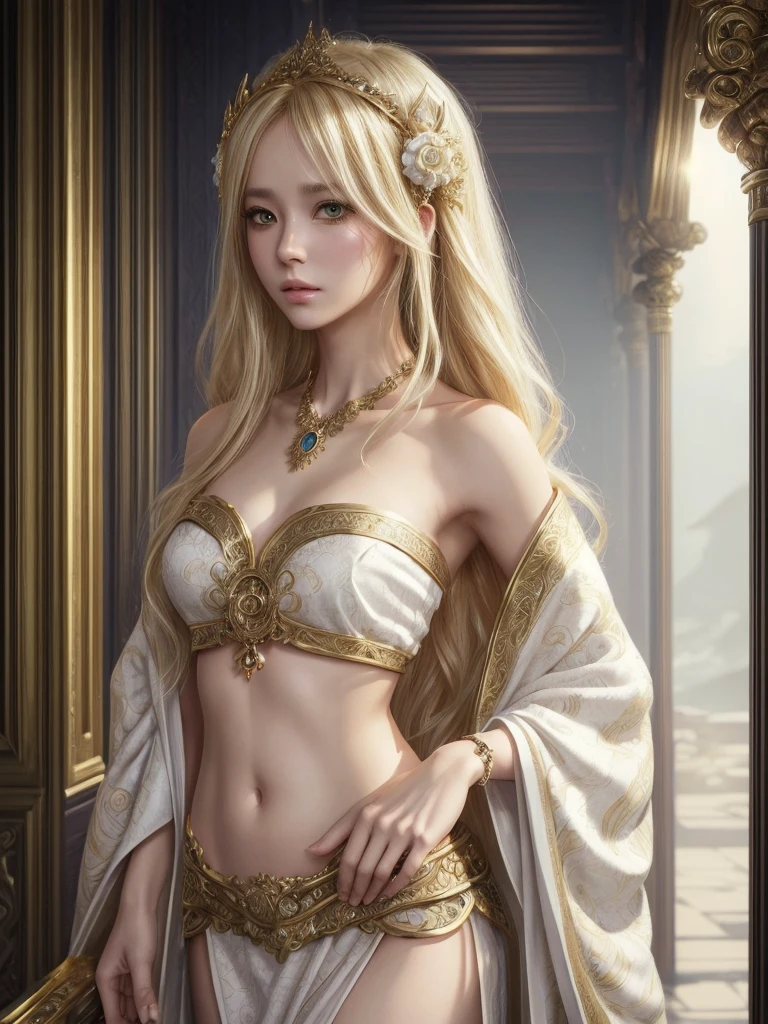 (high quality, ArtStation, fantasy art, intricate ornaments:1.2), (A beautiful girl), (long messy blonde hair), (white ornate strapless kimono, navel, gold trim), (palace hall)
