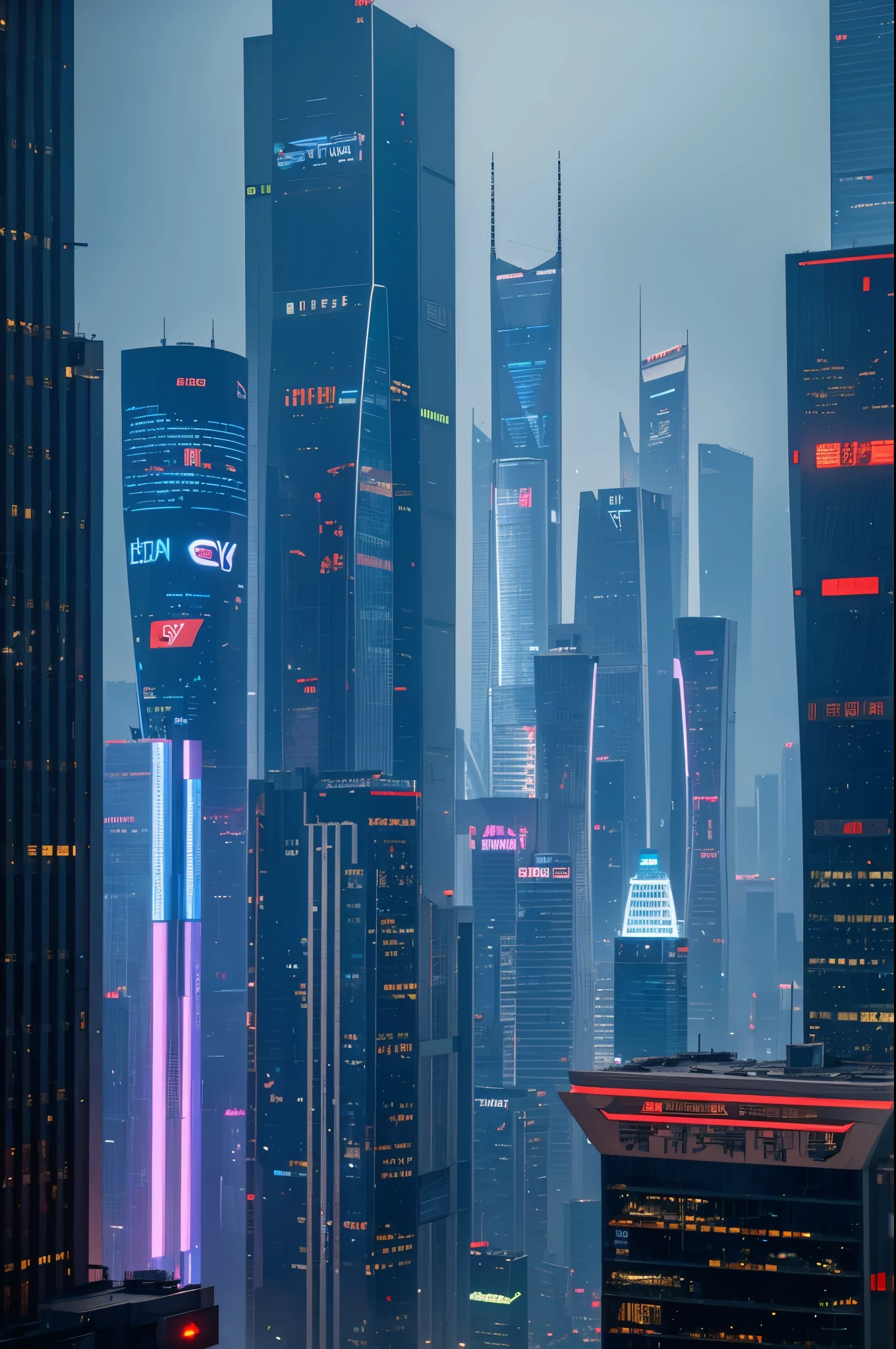 a detailed futuristic cyberpunk cityscape in China, cityscape of a metropolis in the future, skyscrapers and high-rise buildings, neon lights, holographic displays, advanced transportation, flying cars, advanced technology, people walking on the streets, dynamic and vibrant atmosphere, cinematic lighting, moody and dramatic colors, hyper-detailed, 8k, photorealistic, concept art style