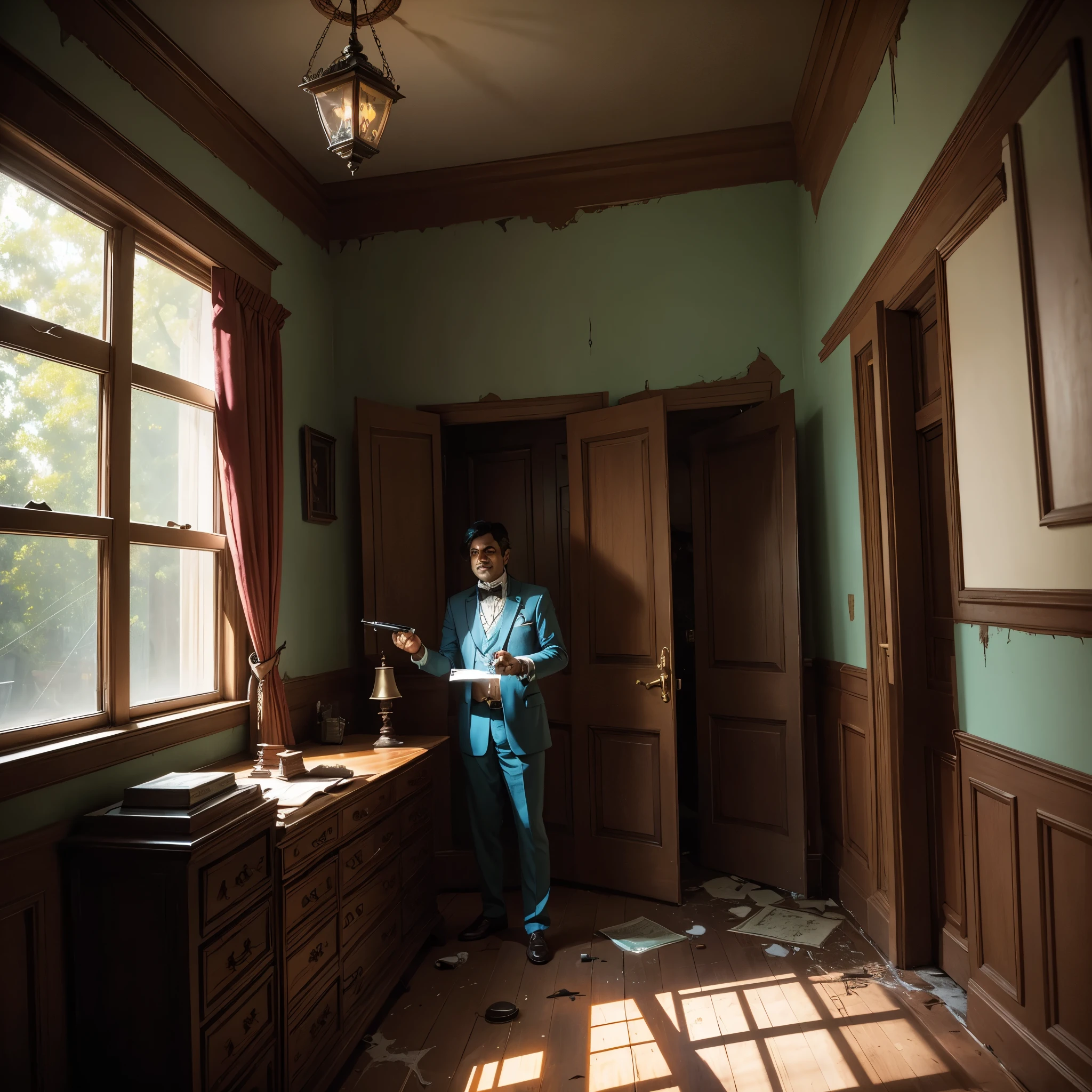 The interior of the haunted mansion is filled with old furniture, broken windows, and cobwebs everywhere. Raj shines his flashlight around the spooky room.