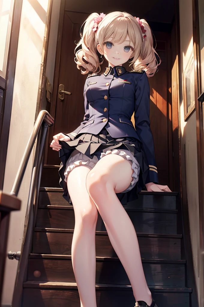 (masterpiece), 4K,woman,Long-sleeved military uniform,Have a bra,Small breasts,Small Ass,2 feet,Curly Twin Tails,Light bulb lighting,Realistic, skinny, Big smile,((Wear short bloomers under your skirt)),Sitting on the stairs,((Knee-length pleated skirt)),Angle from below the knee