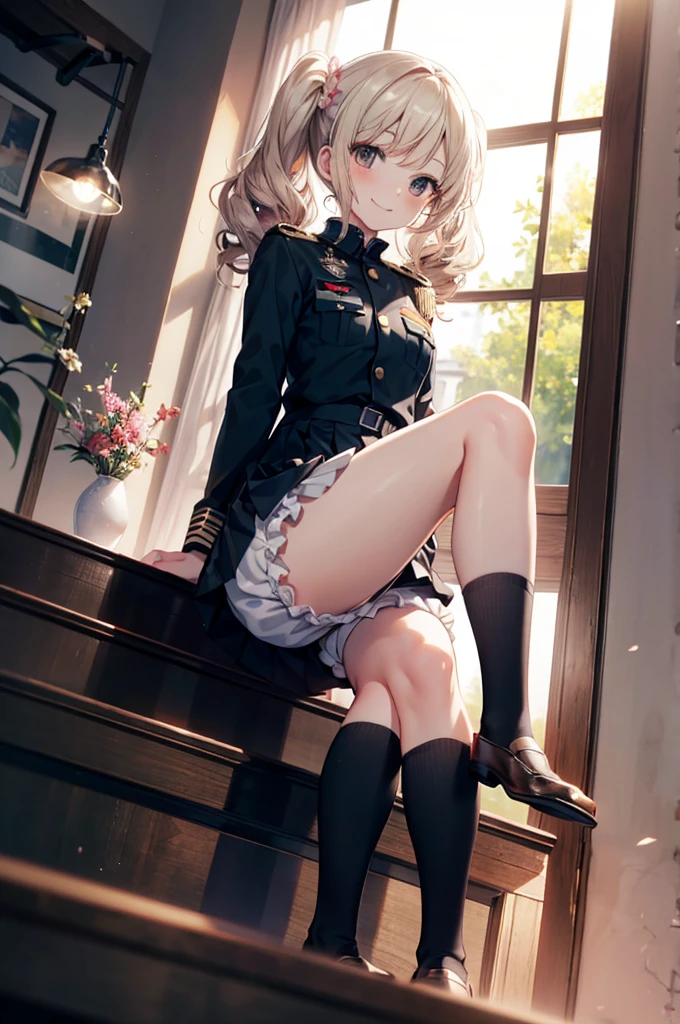 (masterpiece), 4K,woman,Long-sleeved military uniform,Have a bra,Small breasts,Small Ass,2 feet,Curly Twin Tails,Light bulb lighting,Realistic, skinny, Big smile,((Wear short bloomers under your skirt)),Sitting on the stairs,((Knee-length pleated skirt)),Angle from below the knee
