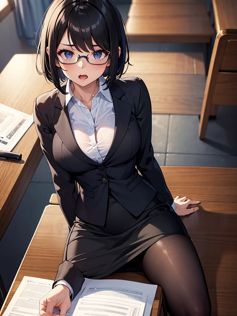 masterpiece, best quality, high definition images, atmospheric perspective, expressive eyes, perfect face, ultra detailed, solo, 1mature seductive woman lying back sprawled down on desk, ashamed, shy, look ecstasy, panic situation, pinup, sexy pose, alluring pose, black short bob hair, simple glasses, female teacher, black short bob hair, simple glasses, business suit, jacket, blouse, pencil skirt, tight mini skirt, lifting skirt, black panties, curvy, thighs, pantyhose, high heals, spread legs, open mouth, sweaty, from above, in study room,