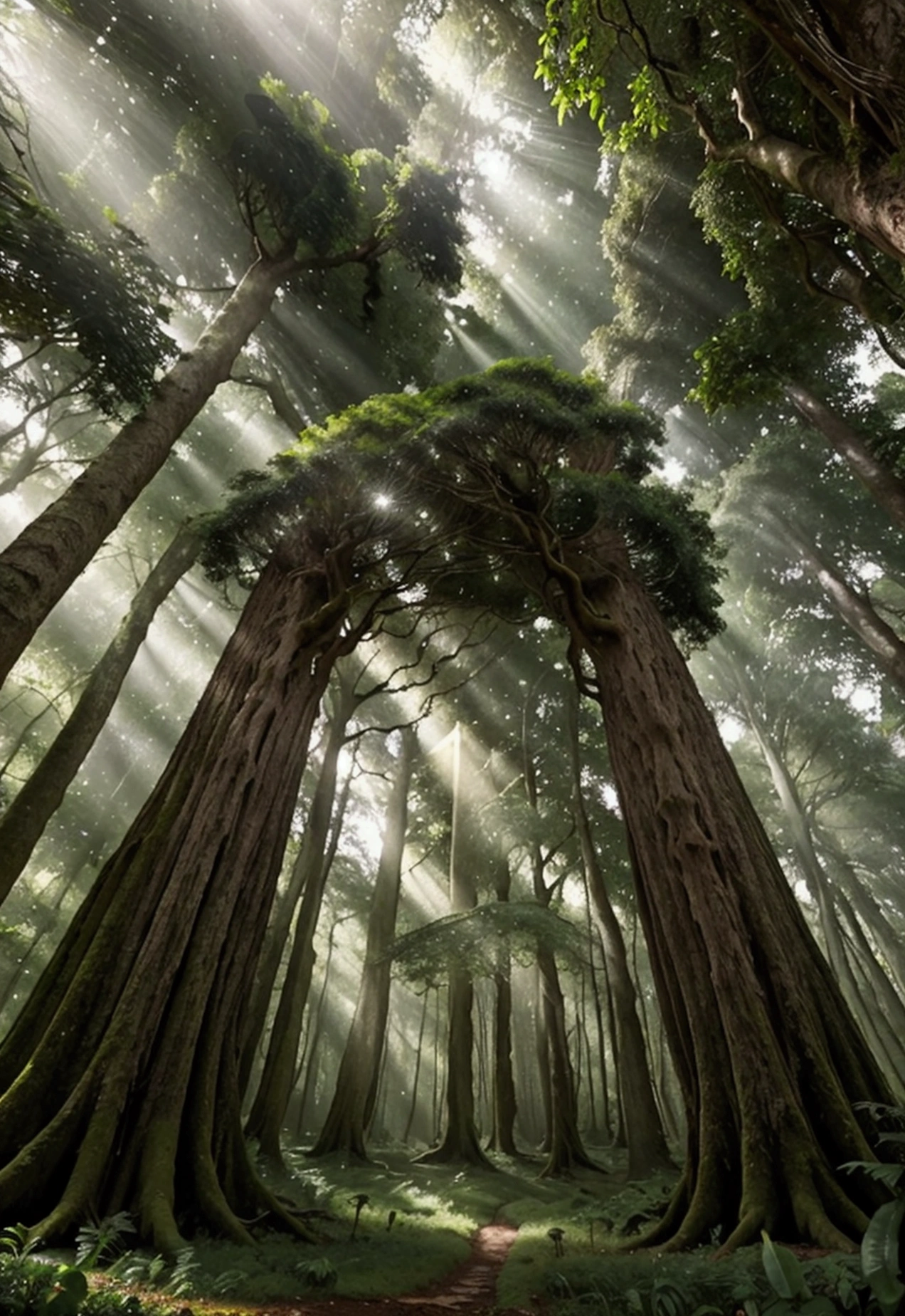 A lush green forest with towering ancient trees, sunlight streaming through the dense canopy, low-angle view from the forest floor, stunning natural lighting, detailed landscape, photorealistic, 8k, cinematic composition, dramatic lighting, vibrant colors, serene atmosphere, VIEW FROM BELOW