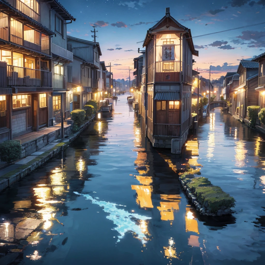 High quality masterpiece, town landscape, ((anime japanese town)), traditional town, bright starry sky. BREAK Romantic old town, sky, pixiv, concept art, lofi art style, reflection. by Makoto Shinkai, lofi art, Beautiful anime scene, BREAK Anime landscape, detailed scenery —width 672, in style of Makoto shinkai, style of Makoto shinkai, enhanced details, BREAK,Detailed,Realistic,4k highly detailed digital art,octane render, bioluminescent, BREAK 8K resolution concept art, realism,by Mappa studios,masterpiece,best quality,official art,illustration,ligne claire,(cool_color),perfect composition,absurdres, fantasy,focused,rule of thirds