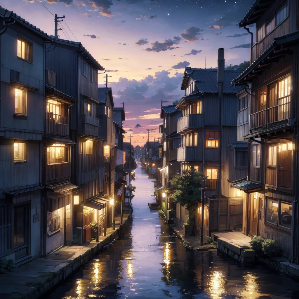 High quality masterpiece, town landscape, ((anime japanese town)), traditional town, bright starry sky. BREAK Romantic old town, sky, pixiv, concept art, lofi art style, reflection. by Makoto Shinkai, lofi art, Beautiful anime scene, BREAK Anime landscape, detailed scenery —width 672, in style of Makoto shinkai, style of Makoto shinkai, enhanced details, BREAK,Detailed,Realistic,4k highly detailed digital art,octane render, bioluminescent, BREAK 8K resolution concept art, realism,by Mappa studios,masterpiece,best quality,official art,illustration,ligne claire,(cool_color),perfect composition,absurdres, fantasy,focused,rule of thirds