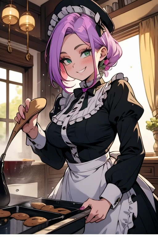 Perfect face. Perfect hands. A light purple haired woman with green eyes with an hourglass figure in a Lolita maid uniform is baking cookies in a fancy kitchen with a big smile