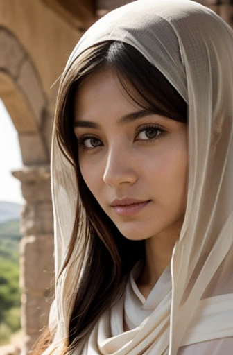 Maria、Mother of Jesus of Nazareth。大工Josephの妻。Besides Jesus, James、Joseph、Judas、Give birth to Simon。Age 27。Long face、clear、Beauty。1世紀の美しき古代Judasヤ人。Slim body。modest appearance。Beige clothing、Veil。No makeup。Pure personality。The Wilderness of Ancient Galilee。Looking at the camera
