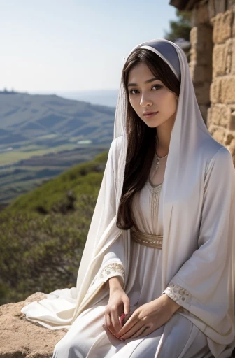 Maria、Mother of Jesus of Nazareth。大工Josephの妻。Besides Jesus, James、Joseph、Judas、Give birth to Simon。Age 27。Long face、clear、Beauty。1世紀の美しき古代Judasヤ人。Slim body。modest appearance。Beige clothing、Veil。No makeup。Pure personality。The Wilderness of Ancient Galilee。Looking at the camera
