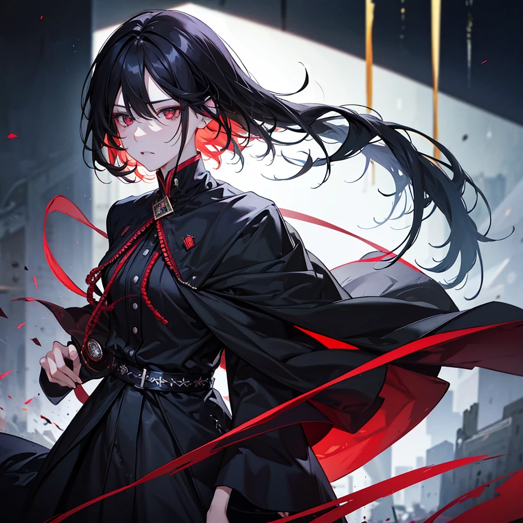 black hair, hair slicked back, eyeball, red eyes, longeyelashes, thinking, Surrealism, conceptual art, アニメ, アニメ style, glowing light, projected inset, cowboy shot, from side, lens flare, bokeh, 8k, super detail, uhd, masterpiece, accurate, anatomically correct, textured skin, super detail, high details, high quality, award winning, best quality, highres、The two-block side part is visible.、Look to the right、Left hand on chin、Bangs are up、The hair is generally swept back、Hair that looks like it's been blown by the wind、Wearing a simple light blue shirt、One man、1boy、Close-up