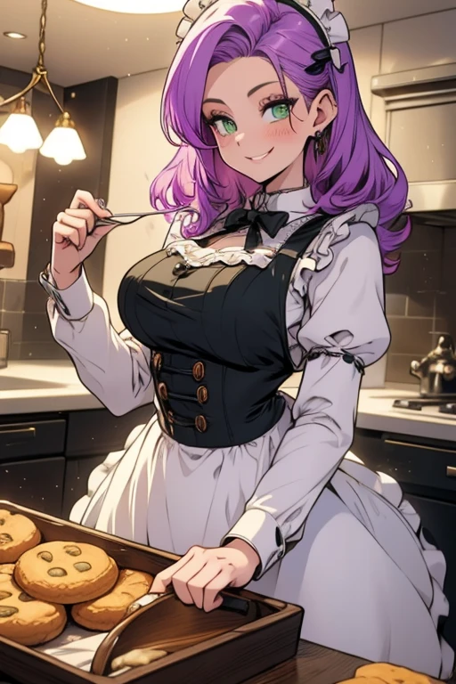 Perfect face. Perfect hands. A light purple haired woman with green eyes with an hourglass figure in a Lolita maid uniform is baking cookies in a fancy kitchen with a big smile