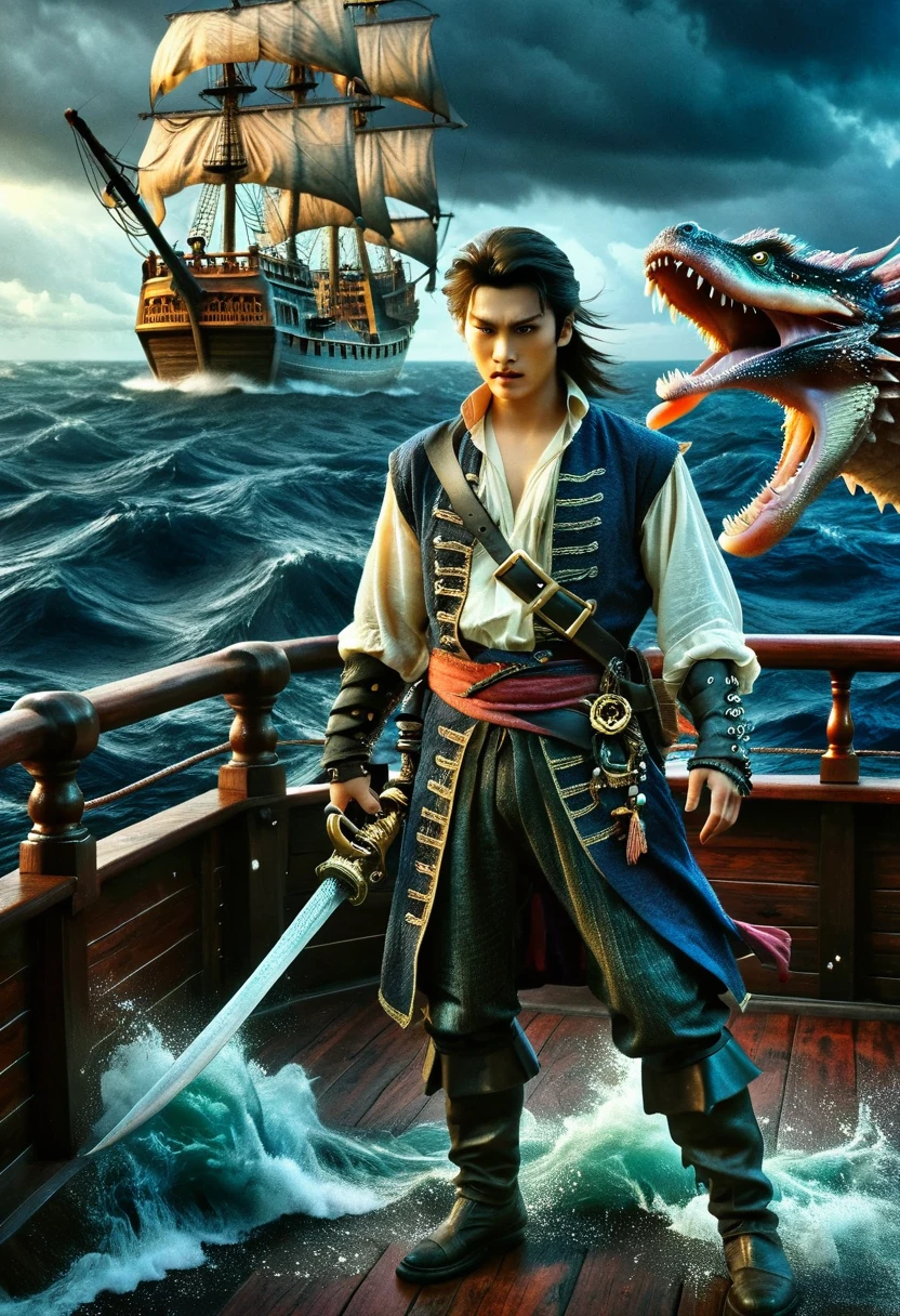 This is a dark fantasy scene.，Depicting a pirate fighting a sea monster on his ship。This pirate is of Asian descent，The gender is male，Standing bravely on the deck of the ship。He holds a machete，The ship is in tatters，Indicates that there have been countless battles in the past。A terrifying sea monster emerges from the rough sea，Open huge tentacles，Towards the boat and。The whole atmosphere is ominous and frightening.，The sea is rough，Dark clouds overhead。